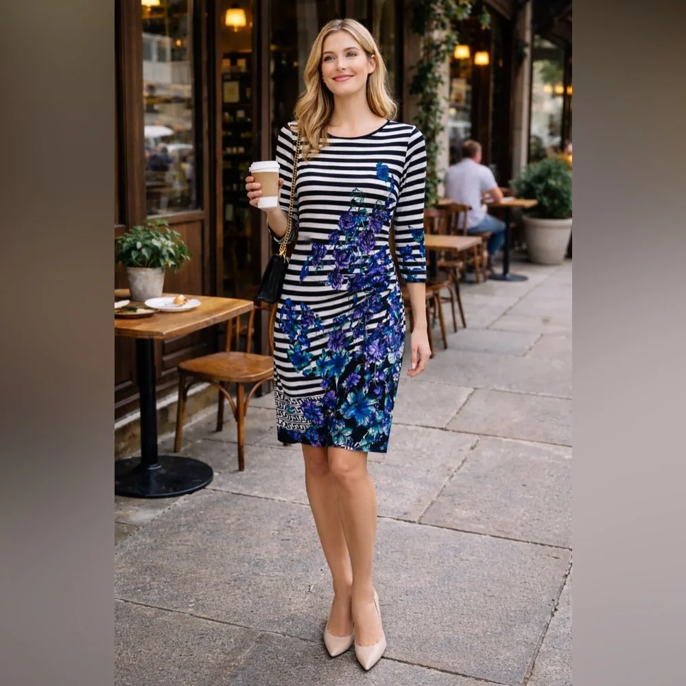 Saks Fifth Avenue | Dresses | Saks Fifth Avenue Striped Blue Floral Ruched  Knit Dress Size 4 | Poshmark